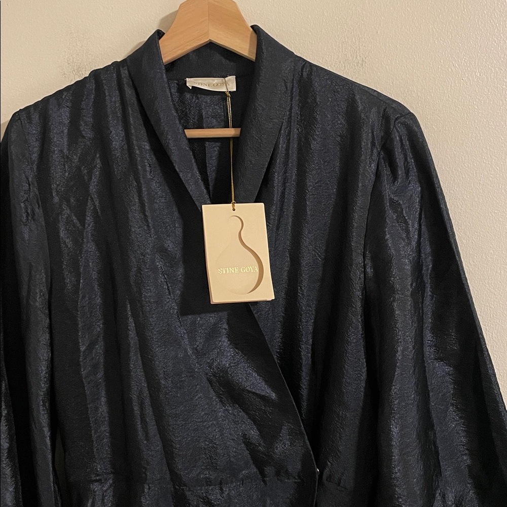 Stine Goya Niki Wrap Midi Dress Size Medium Shiny Midnight Blue Puff Sleeve NWT - Picture 5 of 14